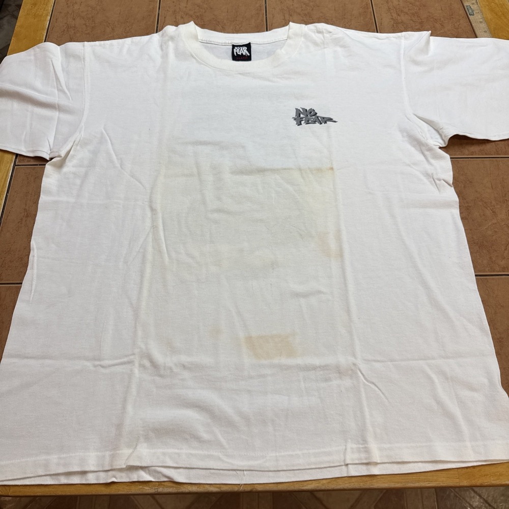 Vintage 90s No Fear Baseball T Shirt XL Single Stitch White Made In USA Stains